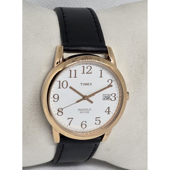 Unisex Timex Indiglo Round Date Rose Gold Tone White Dial Black Leather Watch 13 - Picture 3 of 9